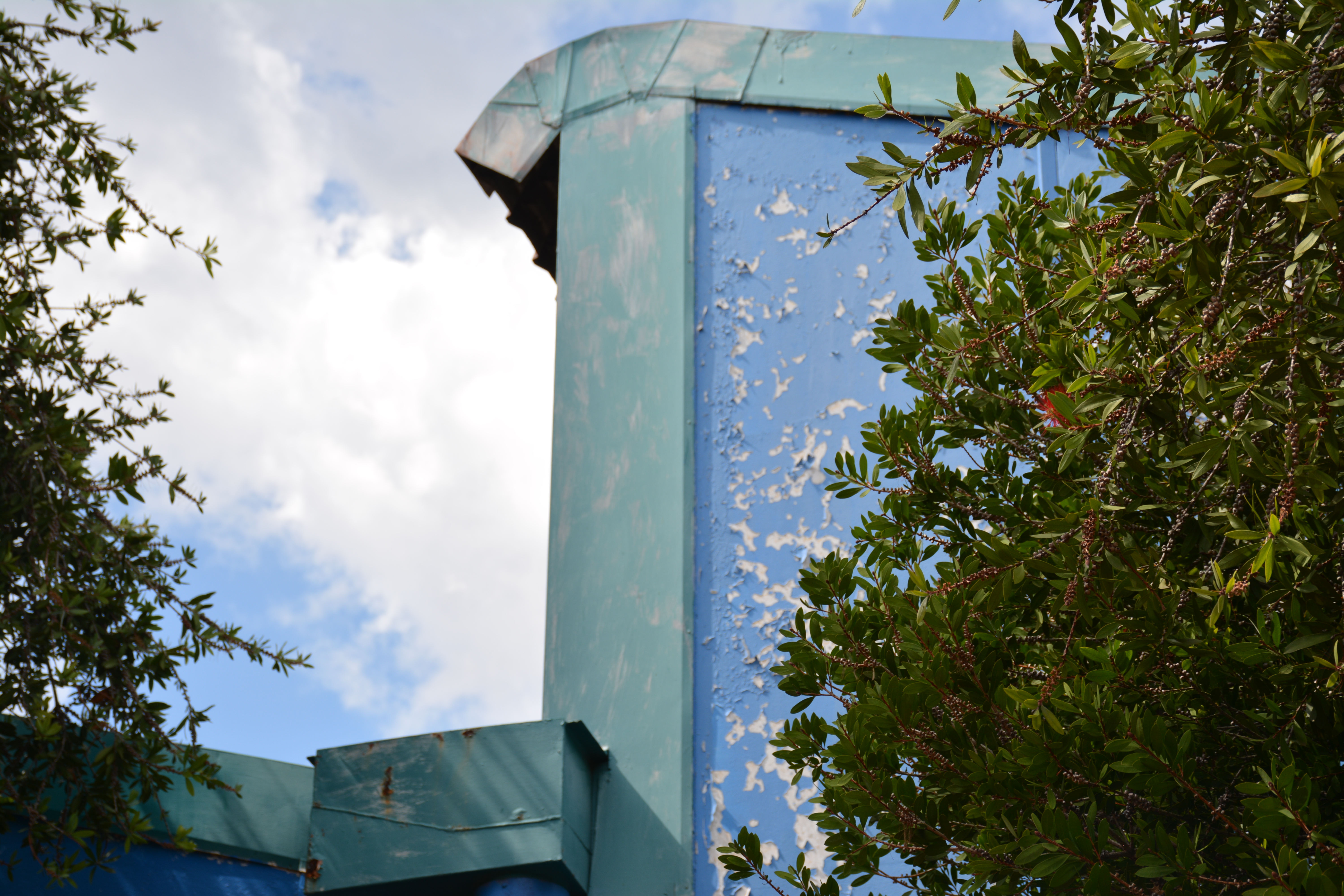 Blue and turquoise building surface framed by trees and sky